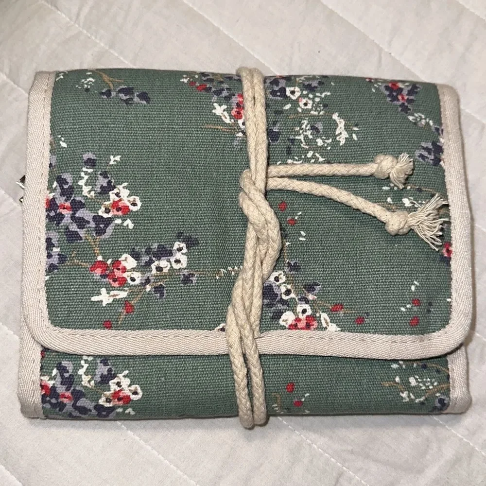 Teal Neutral Trifold Canvas Earthy Make-up Essential & Brush Holder Tie Bag